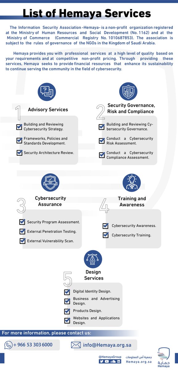 انطلاقًا من أهداف واستراتيجية #حماية، يُسعدنا إطلاق قائمة الخدمات (Services List) محتويًا على خدماتنا الاحترافية غير الربحية والمقدمة لكافة القطاعات متطلعين من خلاله إلى آفاق جديدة تحقق الاستدامة للجمعية، وتنمي مواردها المالية لتعزز قيمتها المضافة في خدمة المجتمع المتخصص والعام.