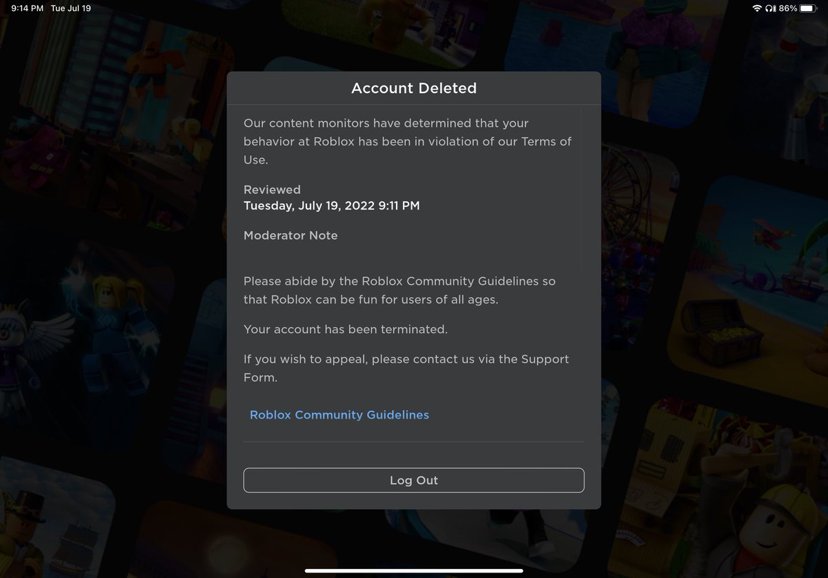 Coreforce2's tweet image. Welp. I got caught. This is a huge #RobloxBanWave.
