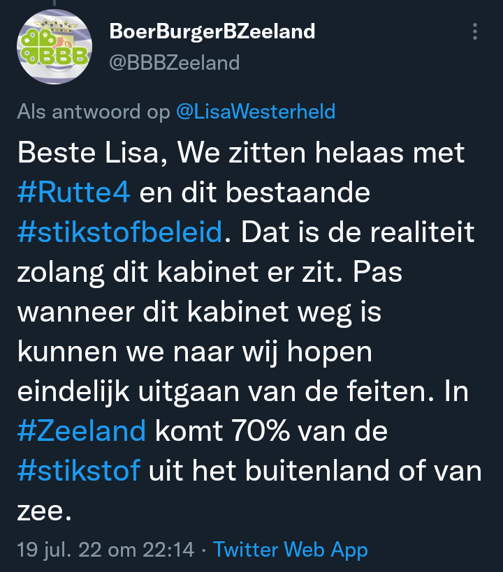 LisaWesterheld's tweet photo. #BBB Afdeling Zeeland windt er geen doekjes om en erkent dat er in Zeeland een probleem is met stikstof. 
Los van de Rutte Doctrine. https://t.co/jLIxf3bHKq