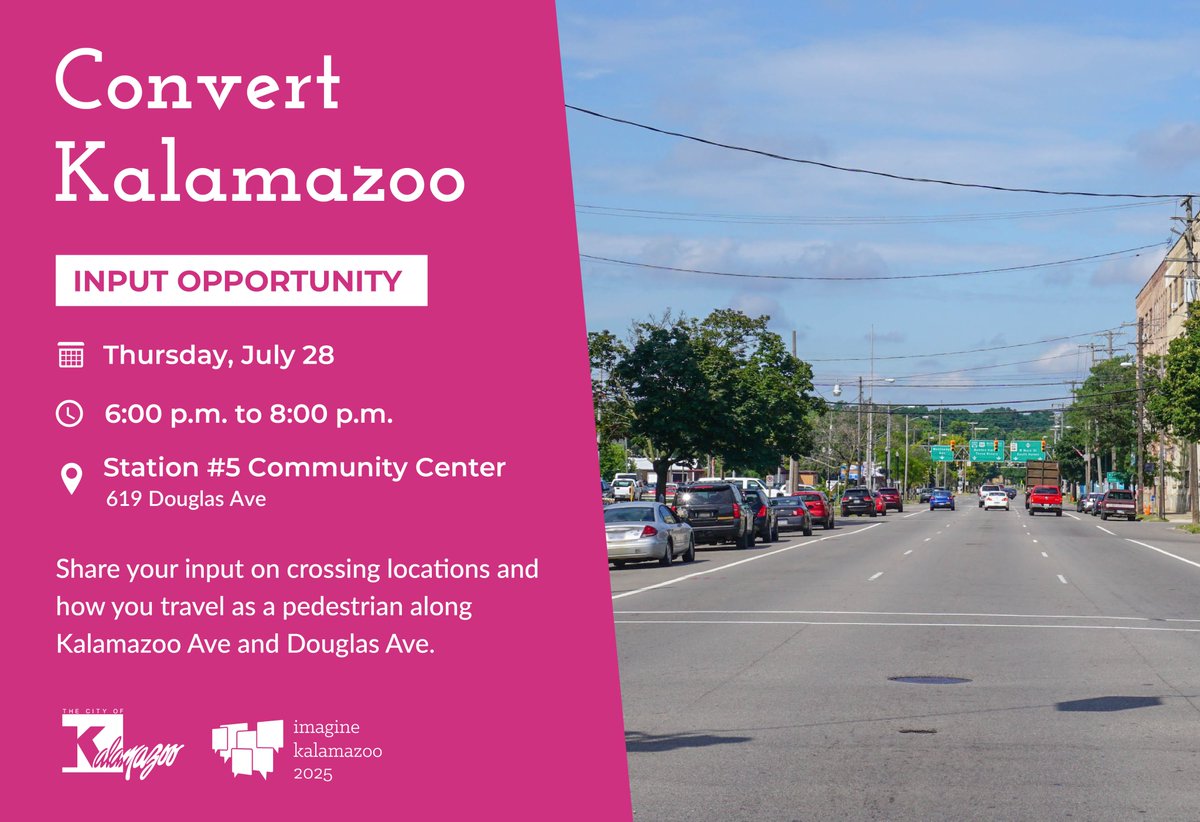 We will be hosting a series of events this summer to collect input on the upcoming redesign of Kalamazoo Avenue. The first event will be held on Thursday, July 28 at the Station 5 Community Center from 6-8 p.m.