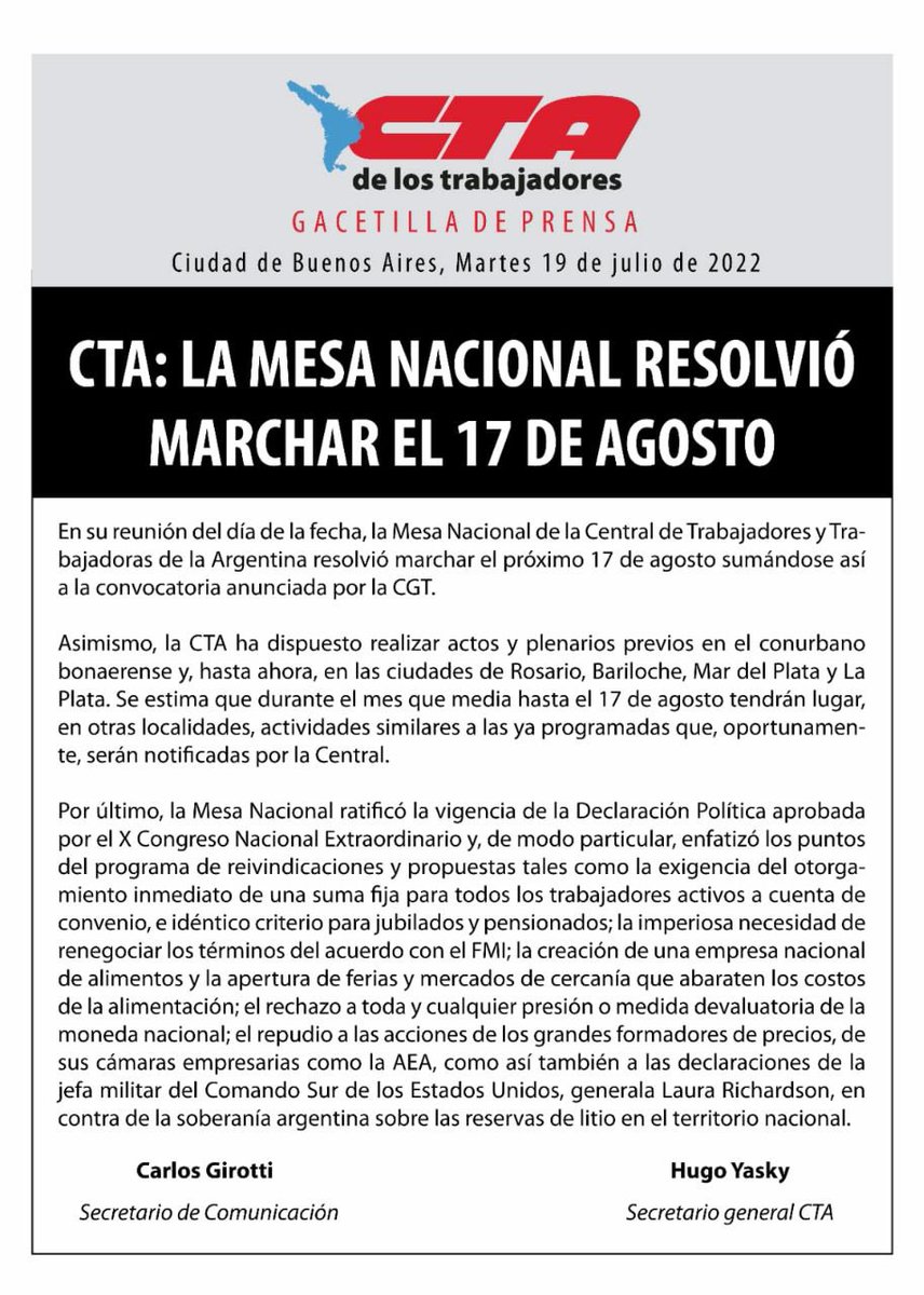 ctabsas's tweet photo. CTA: LA MESA NACIONAL RESOLVIÓ MARCHAR EL 17 DE AGOSTO. https://t.co/wvFNjkUDVF