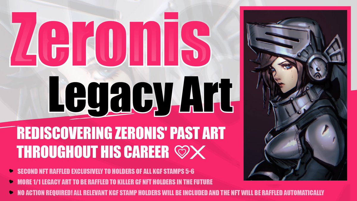 Our second Zeronis Legacy Art NFT raffle is here! ❤️⚔️

🚨 Stamp holders 5-6 are eligible to win
🎨 1/1 Armored Girl created by @ZeronisART 
⏰ Winner announced Friday July 22nd @ 6 PM EST 

No action needed, good luck Killers!🤞🏼