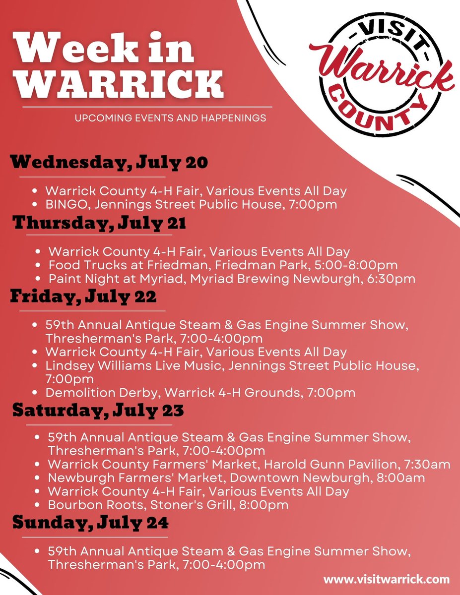 This Week in Warrick is a busy one! The Warrick County 4-H Fair is in town this week with various events all day long, every day. Visit warrickcounty4hcenter.com/fair/ to see the complete list of events and times. In addition, there are still the weekly favorited events.