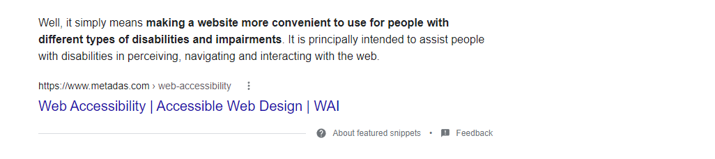 Metadas_Media's tweet photo. Web accessibility should be important to all of us - great to see our efforts are now showing as a featured snippet.

https://t.co/kPPWZP9U5U https://t.co/rSpArklPPt