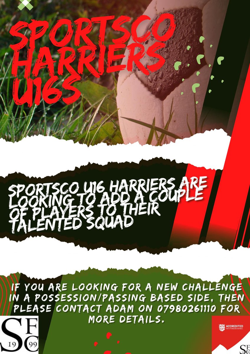 Sportsco Harriers u16s are looking to add a couple of players to their talented squad.

If you’re looking for a new challenge in a possession/passing based side, please contact for more details on our preseason schedule.

Sutton Coldfield based in  <a href="/cwyfl/">Central Warwickshire</a>