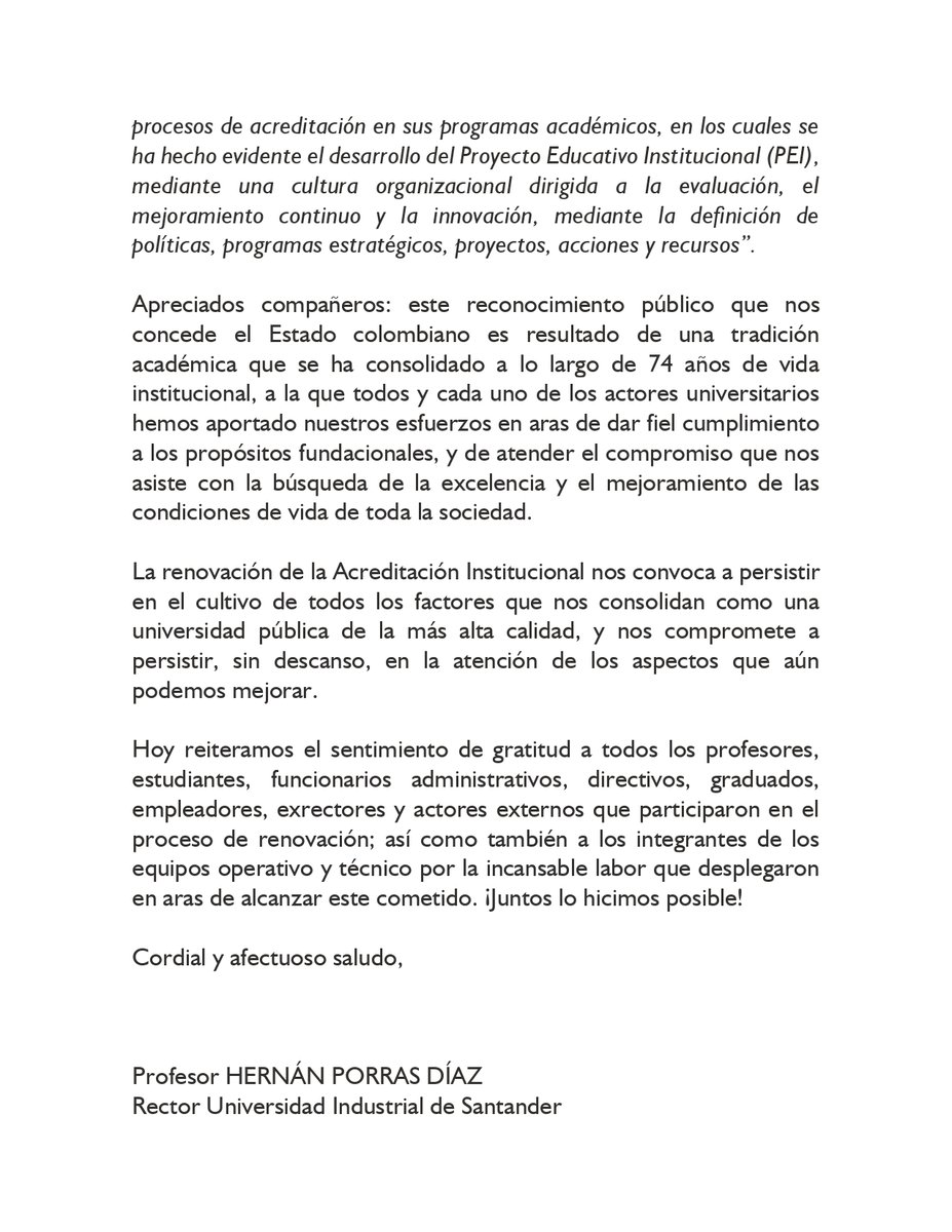 #ATENCIÓN ¡Juntos lo hicimos posible! 💚🤩 El <a href="/Mineducacion/">MinEducación</a>, mediante Resolución No. 014043 de 19 de julio de 2022, otorgó a la Universidad Industrial de Santander la Renovación de la Acreditación Institucional en alta calidad por 10 años 🤩🥳 #OrgulloUIS