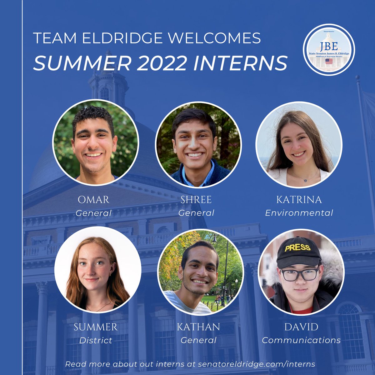 Announcing my #TeamEldridge summer ‘22 interns - they will work with my staff on legislation, constituent services, districts events &amp; communications! Congratulations and welcome! #mapoli