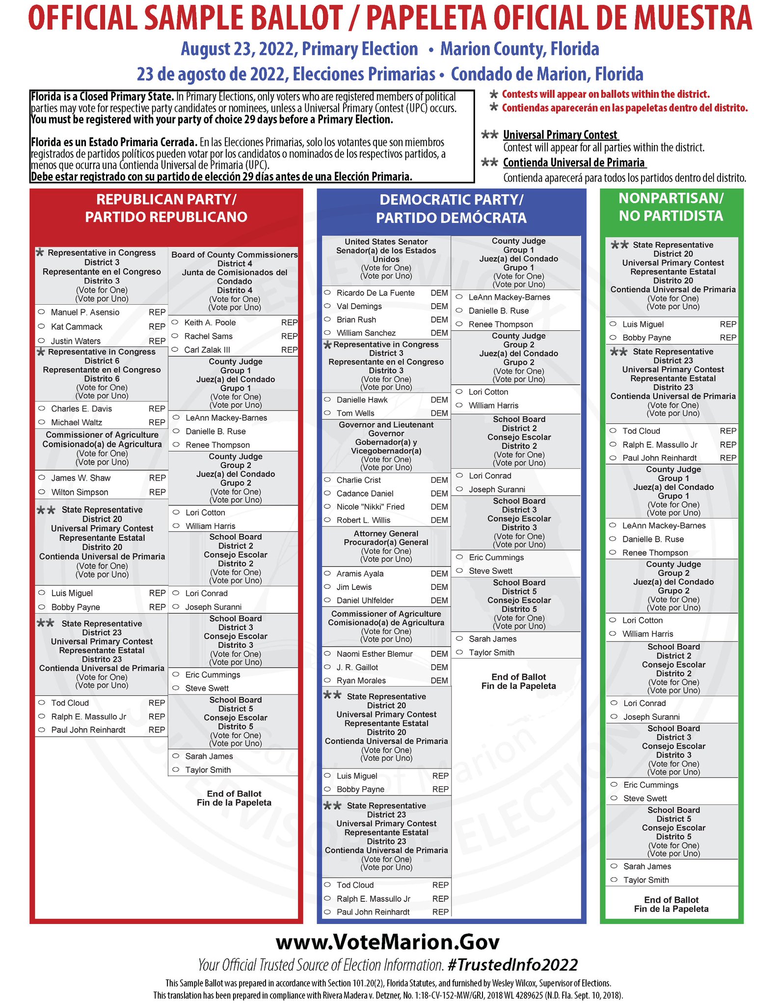 VoteMarion on Twitter Sample Ballot for the August 23, 2022