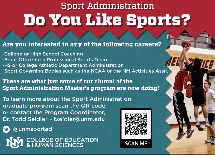 It’s still not too late to start your Master’s degree in Sport Administration at UNM this Fall. Check out the link on our page or email Dr. Horne at ehorne1@unm.edu to learn more #unmspad #gradschool #graduatedegree #sportadministration  #sport #prosports #collegesports