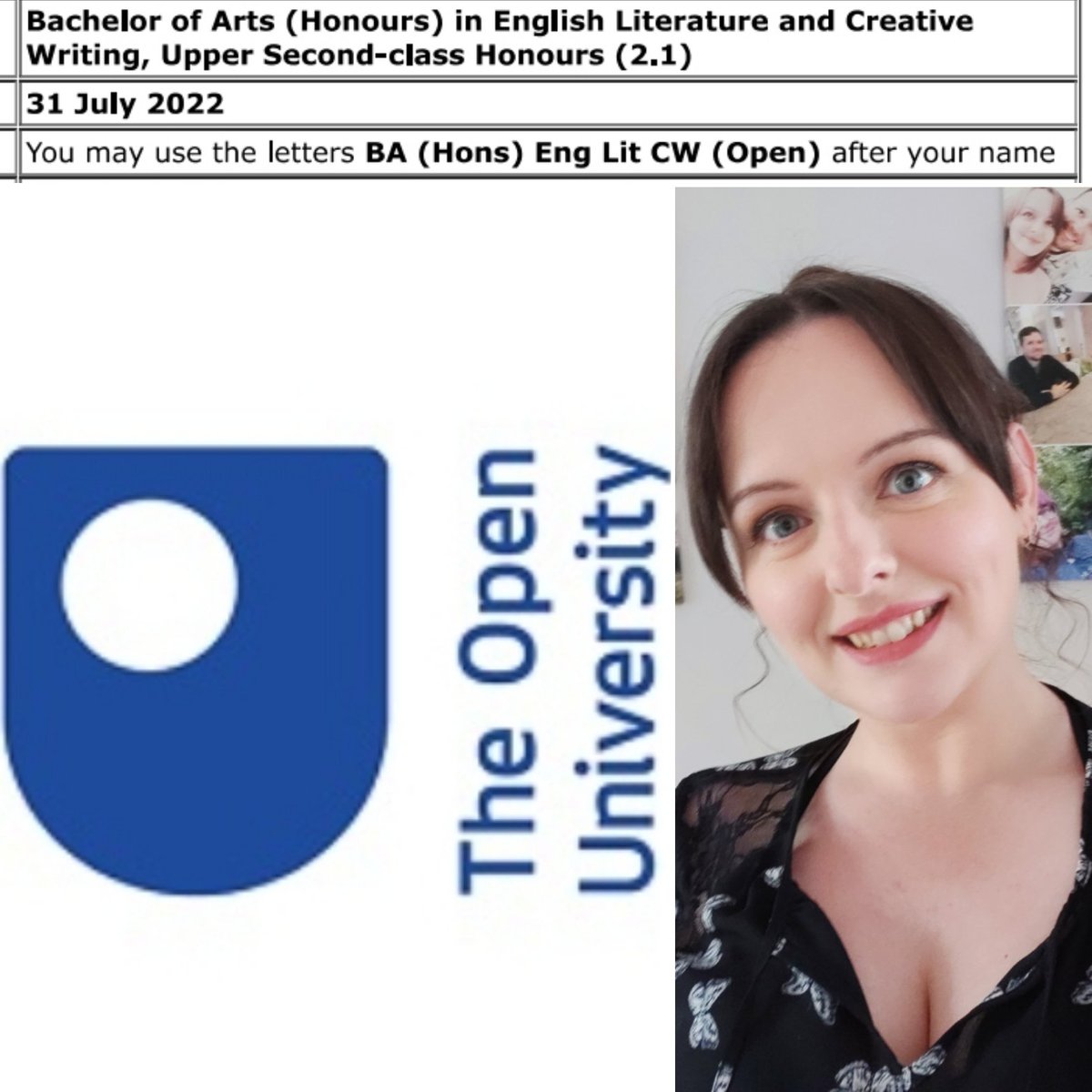 DEKendall1's tweet photo. https://t.co/d51CVVfjwg

I've achieved a 2.1 in BA (Hons) English Literature &amp; Creative Writing with The Open University!!! 📚✍👩‍🎓🎉

#theopenuniversity #undergraduate #bachelorsdegree #ba #englishliterature #creativewriting #student #studies #hardwork #writer #author #thankful https://t.co/FvbKo3eGVg