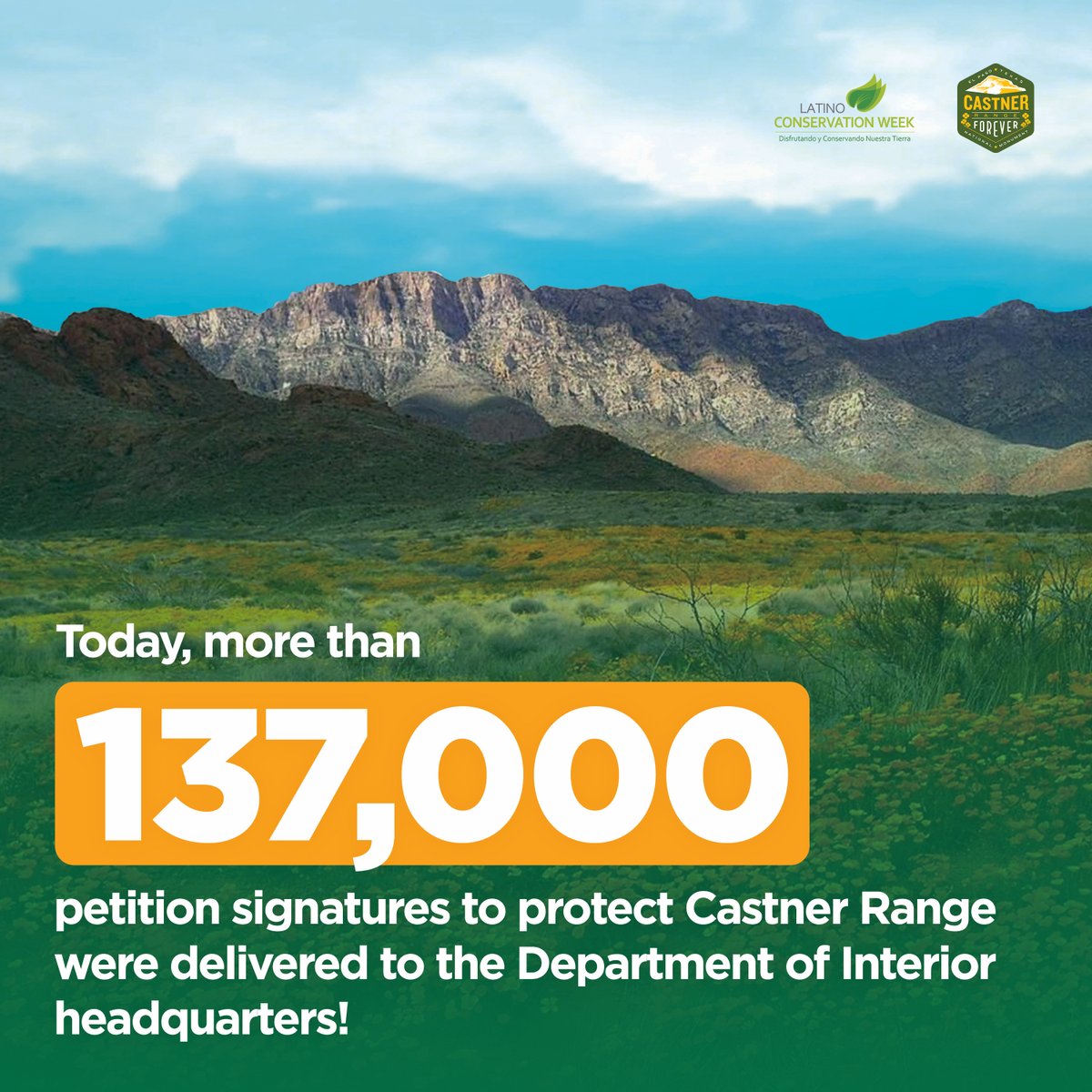 It's time for @POTUS to declare #CastnerRange a National Monument! It has overwhelming community support from Ysleta Del Sur Pueblo to @RepEscobar to the @ElPasoTXGov to faith leaders, veterans, and 46,000+ community members. #Castner4Ever