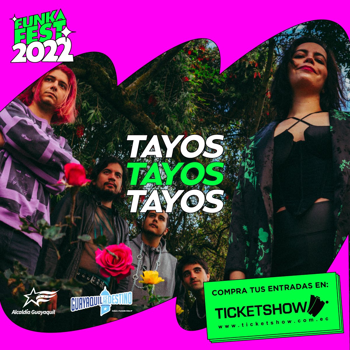 FunkaFest's tweet photo. ¡Falta poco para vibrar con las mejores bandas de la escena nacional en el #FunkaFest2022! Tayos Tayos Tayos, La Madre Tirana y Chloé Silva son 3 de las geniales propuestas musicales que se tomarán los escenarios el próximo 27 de agosto. Entradas en bio. #TodoFunka https://t.co/0ey5P2ZVo1