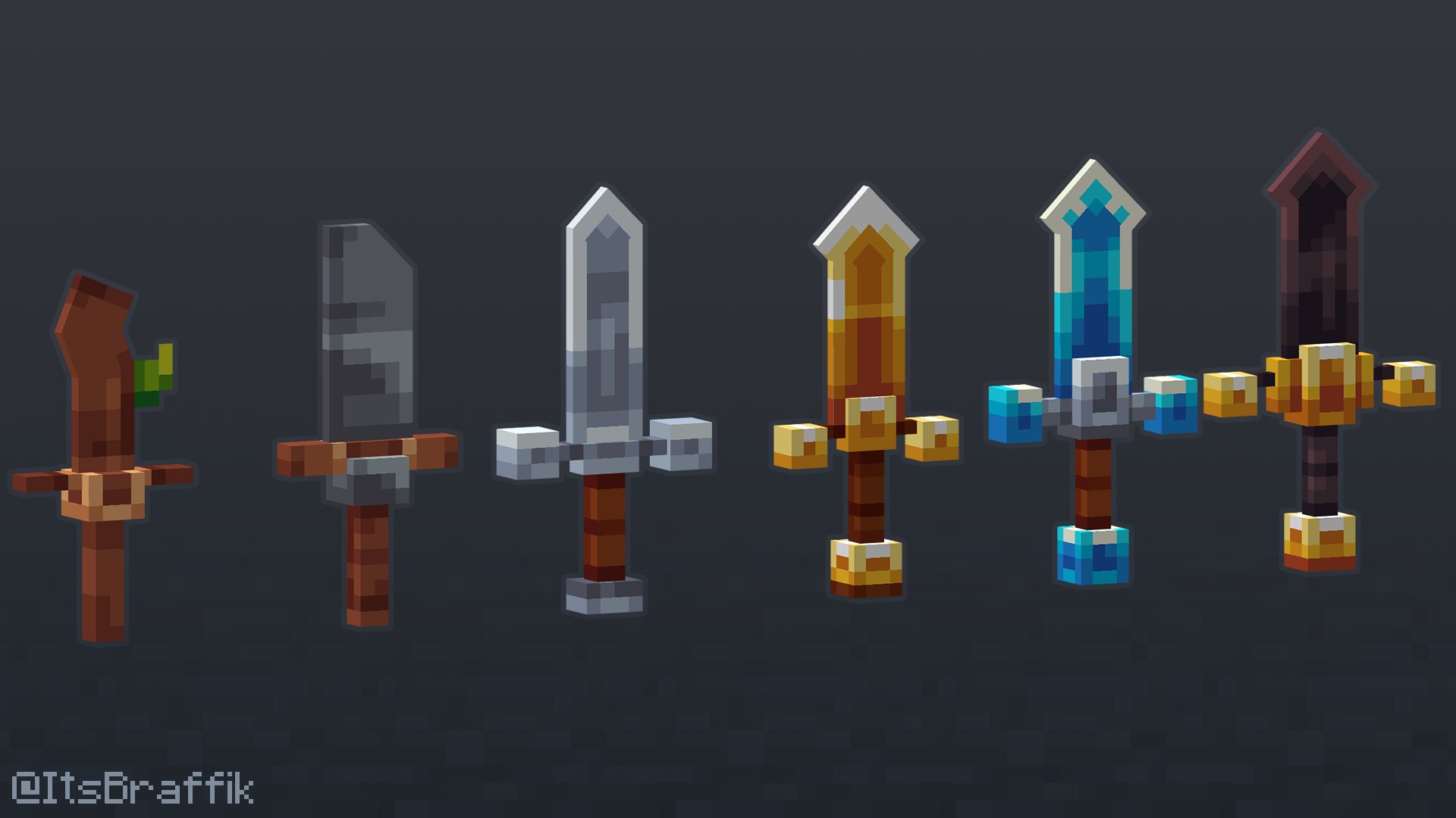 The swords and corresponding tools for my resource pack in the