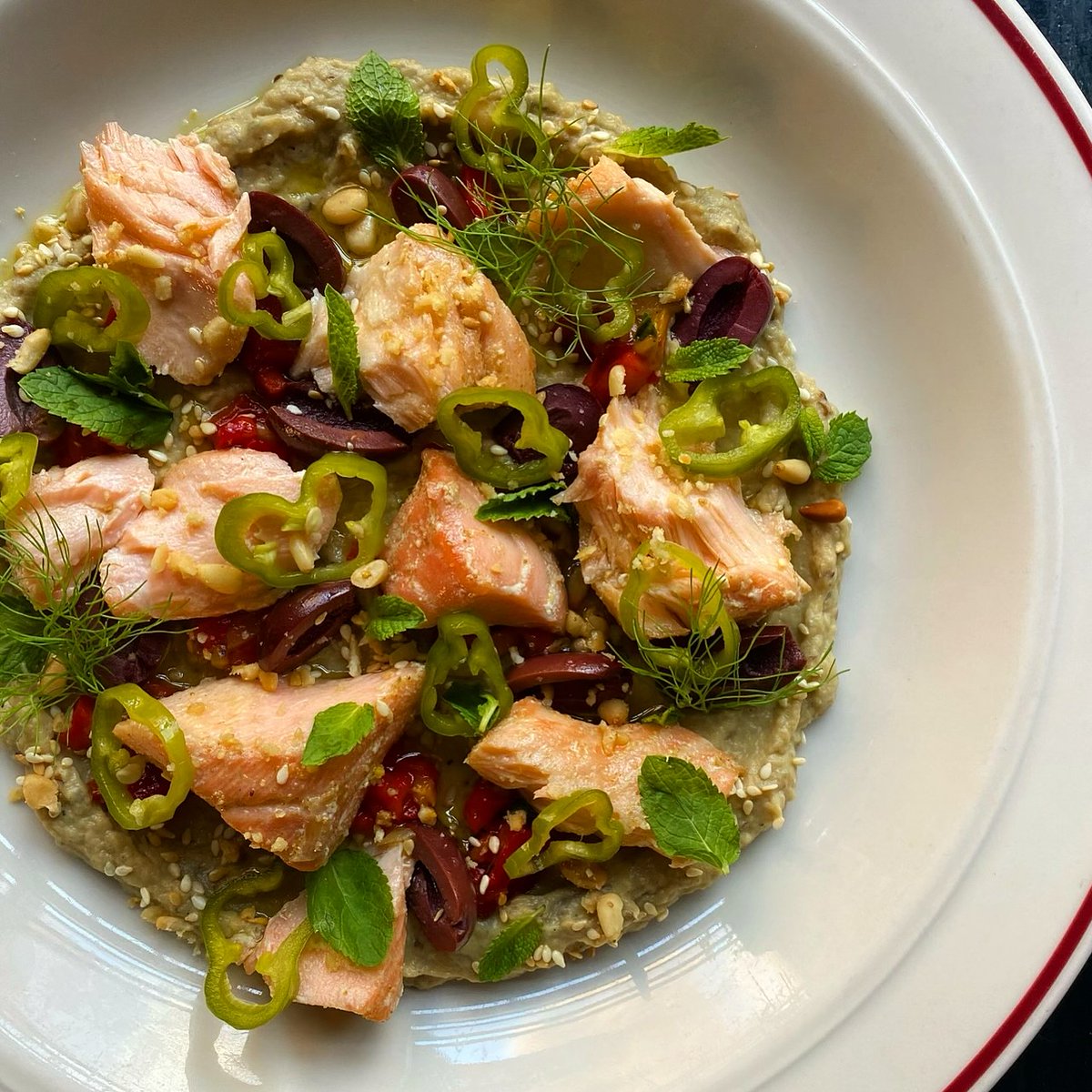 budandmarilyns's tweet photo. 📣On special tonight from Chef: Olive oil poached salmon with baba ghanoush, marinated roasted peppers, kalamata olives, pickled long hots, toasted pine nut &amp; mint. https://t.co/gbIJVPRCjs