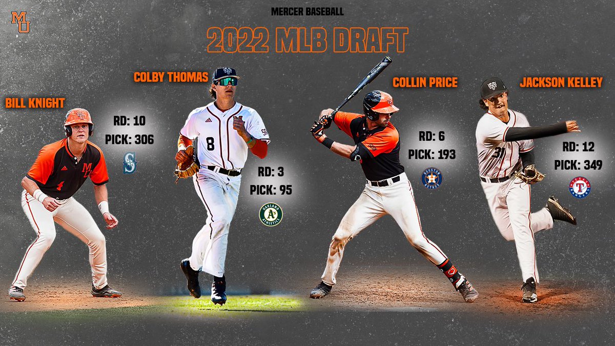Congratulations to our four, 2022 MLB Draft selections! Well earned and best of luck in the future!

Recap of each player’s Mercer career, along with comments from Coach Gibson: mercerbears.com/news/2022/7/19…

#WinnersWin | #RoarTogether