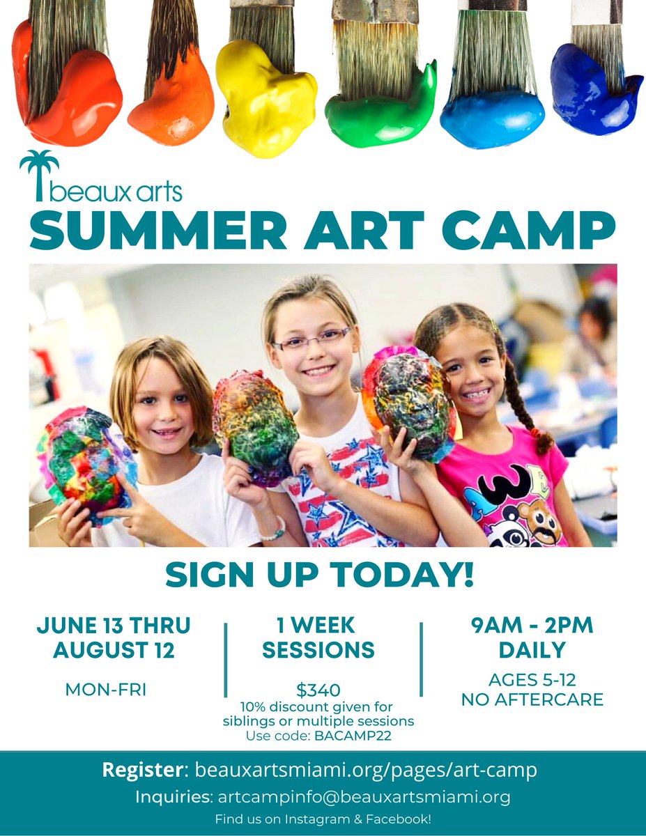 BAMiami's tweet image. Our Summer Art Camp is in full swing! 🎨 
🌴 Camp runs through August 12
🌴 1 week sessions: $340
🌴 9AM-12PM
Sign up today at bit.ly/3aSayzQ or email inquiries to artcampinfo@beauxartsmiami.org
10% discount given for siblings or multiple sessions. Use code: BACAMP22