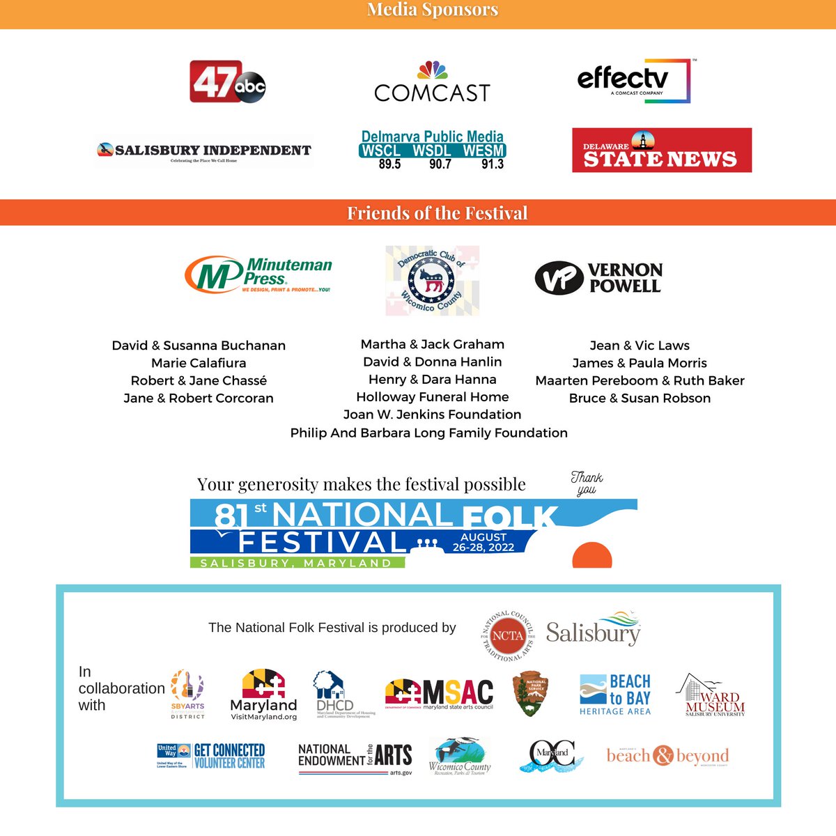 mdfolkfestival's tweet photo. To have an exceptional festival, you need exceptional supporters. Please join us in thanking our sponsors and donors for their exceptional generosity. #NFFMaryland https://t.co/qWOD0wUrpm