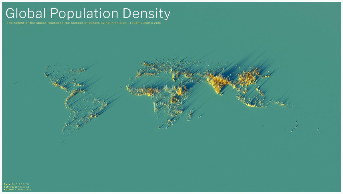 Population density thread because you and I both know you have nothing better to do. Let's start with this cool way to visualize population density, by @undertheraedar. The height of each spike displays the population density in that location.