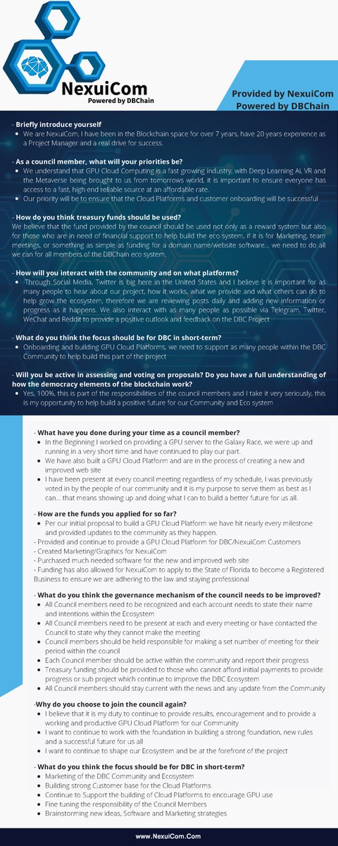 DeepBrainChain's tweet image. Voting for the council members is soon upon us, please take a look at what @NexuiCom  has to offer the community. They are starting to move forward with their Website and have always fully supported the DBC Community ✊🏼
vote link: dbcwallet.io/#/council
