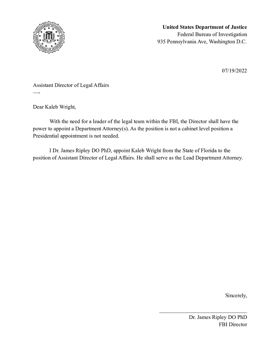 I appoint <a href="/BUSA_KalebW/">unknown</a> from the State of Florida to the position of Assistant Director of Legal Affairs.