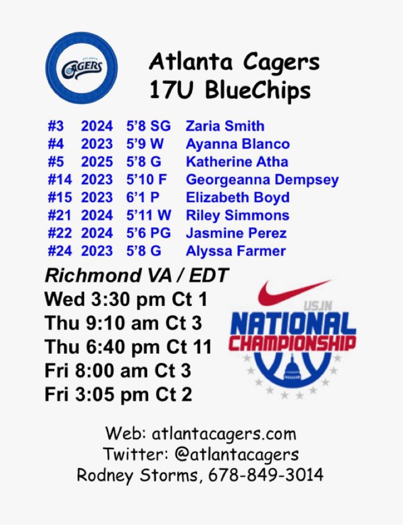 Next up, USJN tournament in Richmond, VA. College coaches, come watch these girls compete!
<a href="/USJN/">USJN</a> 
<a href="/gdb2022/">Atlanta Cagers BlueChip</a>