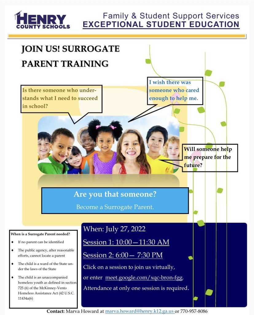 Please join the ESE department as we present Surrogate Parent Training July 27 2022. <a href="/iam_SGreen/">Shaunte Green</a> <a href="/LMCoxton/">Latrina Coxton</a> <a href="/LaTonya_Brown13/">LaTonya Brown</a> <a href="/SHammonds_/">Shannon Hammonds</a> <a href="/ShandraSupports/">Shandra Christopher</a> <a href="/LetsBrockItOut/">J. Brock Tarno</a> <a href="/HCS_YSmith/">Yetta Smith</a> <a href="/mindfulamyz/">Amy Zahn</a> <a href="/DrAngelFletcher/">Dr. Angel Fletcher</a> Marva Howard