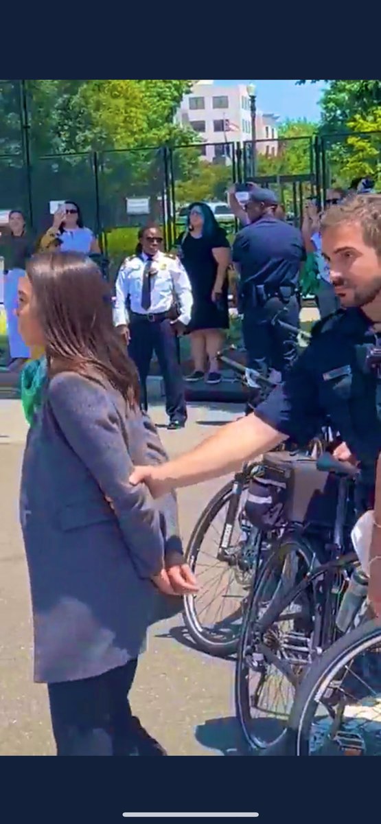 DineshDSouza's tweet photo. The media will show this from an angle that hides the fact her hands are not cuffed. Then the performance artist will make a video about how she was a victim of police brutality. The Left cannot function without such lies; they are an integral part of how these people live @AOC https://t.co/fs5RkSLuQ1