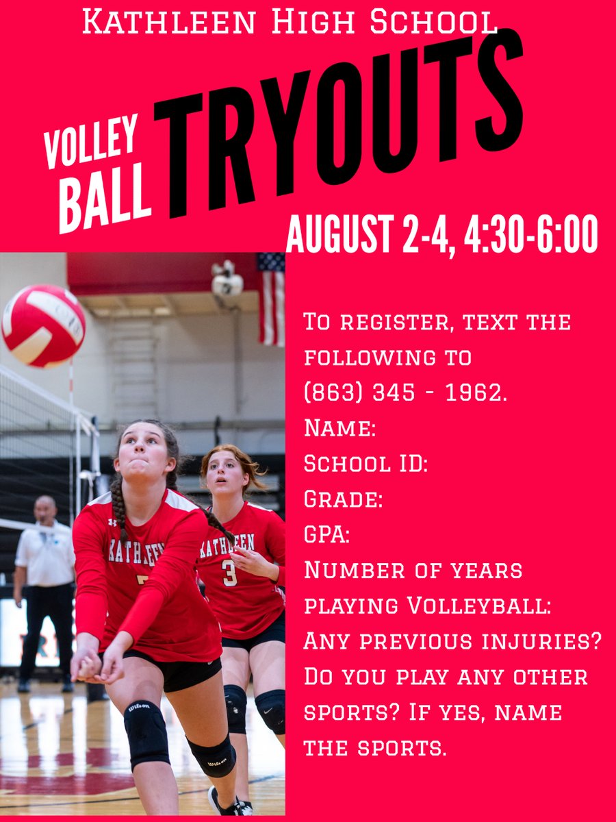 Volleyball Tryouts will be held on August 2, 3, and 4th. 4:30 - 6:00 pm in the KHS Gymnasium. 
 
All student-Athletes will need to have physicals completed and register ahead of time by following the directions in the flyer below.