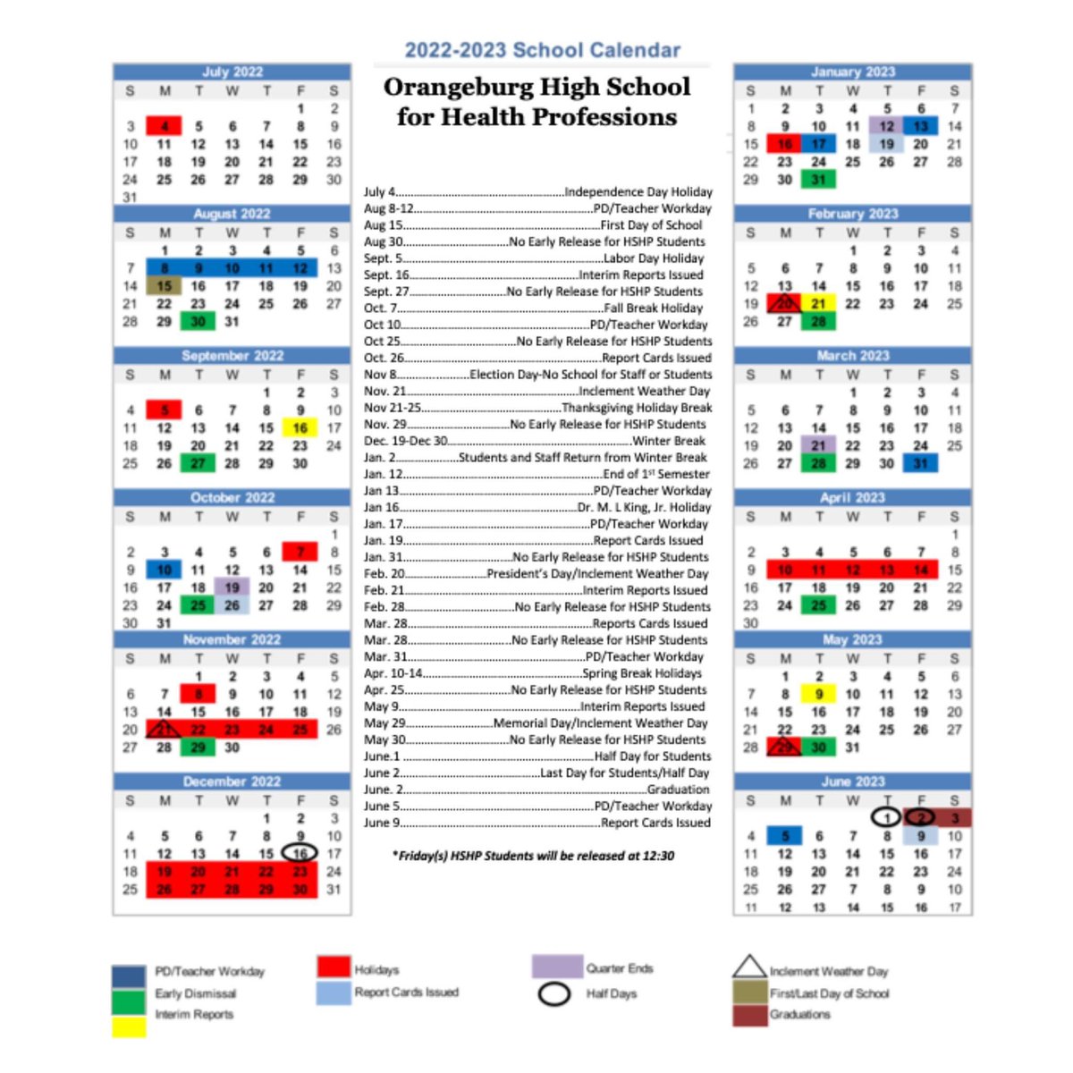Orangeburg High School for Health Professions on X: "HSHP 2022-2023 Calendar  -𝐍𝐨 𝐄𝐚𝐫𝐥𝐲 𝐑𝐞𝐥𝐞𝐚𝐬𝐞 𝐓𝐮𝐞𝐬𝐝𝐚𝐲𝐬 -𝐆𝐫𝐚𝐝𝐮𝐚𝐭𝐢𝐨𝐧  𝐝𝐚𝐭𝐞 𝐢𝐬 𝐉𝐮𝐧𝐞 𝟐, 𝟐𝟎𝟐𝟑 -𝐇𝐒𝐇𝐏 𝐄𝐚𝐫𝐥𝐲  𝐑𝐞𝐥𝐞𝐚𝐬𝐞/𝐏𝐫𝐨𝐟𝐞𝐬𝐬𝐢𝐨𝐧𝐚𝐥 ...