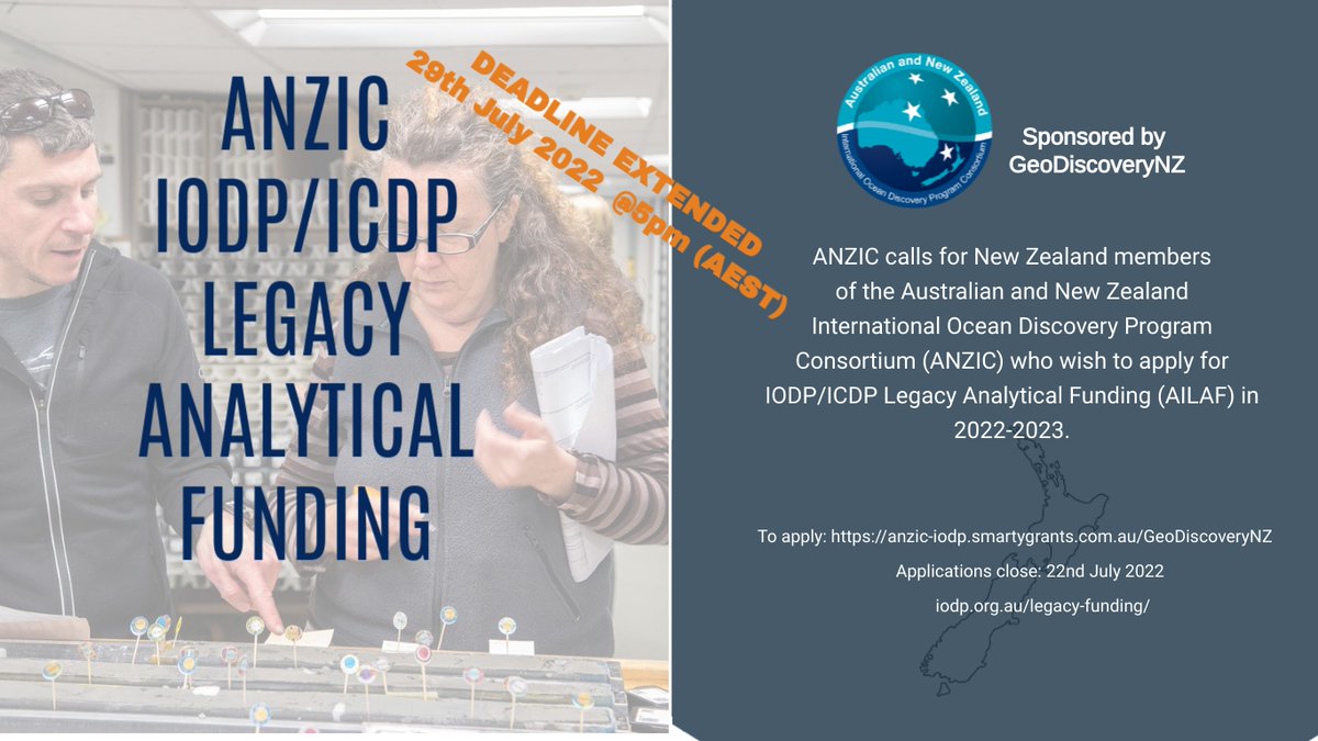 💸$ DEADLINE EXTENDED - GRANT MONEY UP FOR GRABS! Grants up to $25,000 will be available to researchers from ANZIC’s New Zealand Member institutions to support study of previously collected DSDP/ODP/IODP/ICDP samples and/or data.  iodp.org.au/legacy-funding/