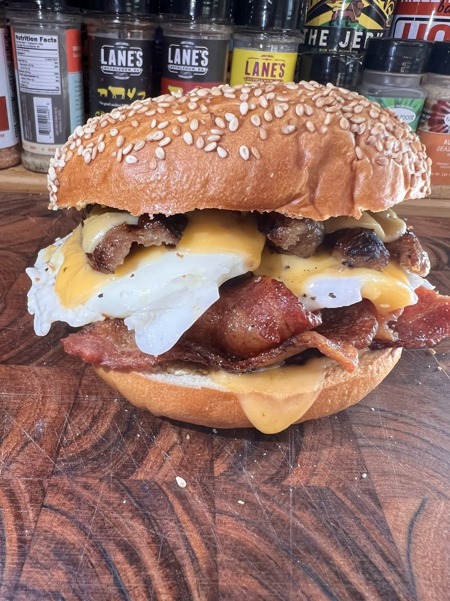 Bacon, Sausage Egg &amp; Cheese Bagel. Breakfast for dinner! 😎🔥