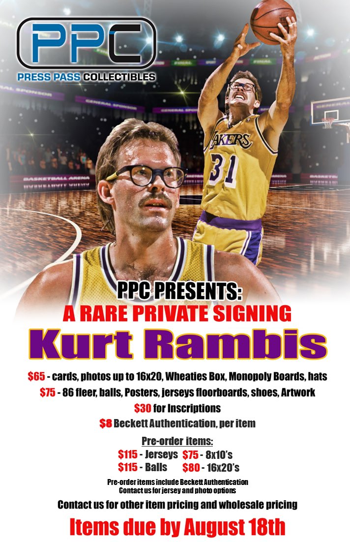 PressPassMem's tweet image. 📢 We are excited to announce a 𝐕𝐄𝐑𝐘 𝐑𝐀𝐑𝐄 𝐏𝐑𝐈𝐕𝐀𝐓𝐄 𝐒𝐈𝐆𝐍𝐈𝐍𝐆 with #Lakers legend and 4x NBA Champ, 𝐊𝐔𝐑𝐓 𝐑𝐀𝐌𝐁𝐈𝐒.  Send-in deadline is Aug 18. Contact jesse@presspasscollectibles.com to secure your space.  Limited wholesale &amp;amp; pre-order items available.