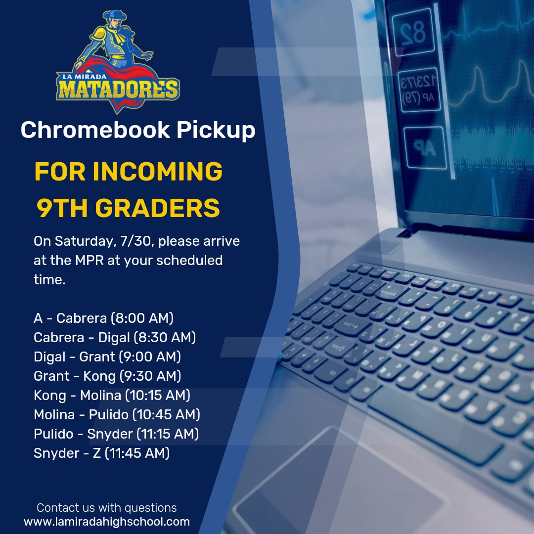 Attn Class of 2026: come pick up your Chromebook on Sat. July 30 at the MPR during the assigned time based on your last name.