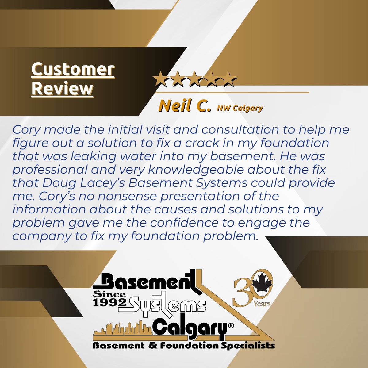 We love sharing great reviews about our teammates!
Thank you for letting us know Neil from Calgary, AB!
Great Job Cory!
basementsystemscalgary.com/about-us/meet-…
#CustomerReview #testimonial #satisfiedcustomers
#douglaceysbasementsystems #basementsystemscalgary #waterproofing