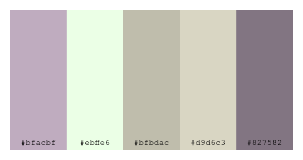 ColPaletteBot's tweet photo. Beep beep, here's a pretty color palette for you! 

color-scheme.js parameters used: 
- hue: 314
- variation: pale
- colors: #bfacbf, #ebffe6, #bfbdac, #d9d6c3, #827582

Have a lovely evening!

#twitterbot #colorpalette #colors #palette #prettycolors https://t.co/AejDbxB8Kr