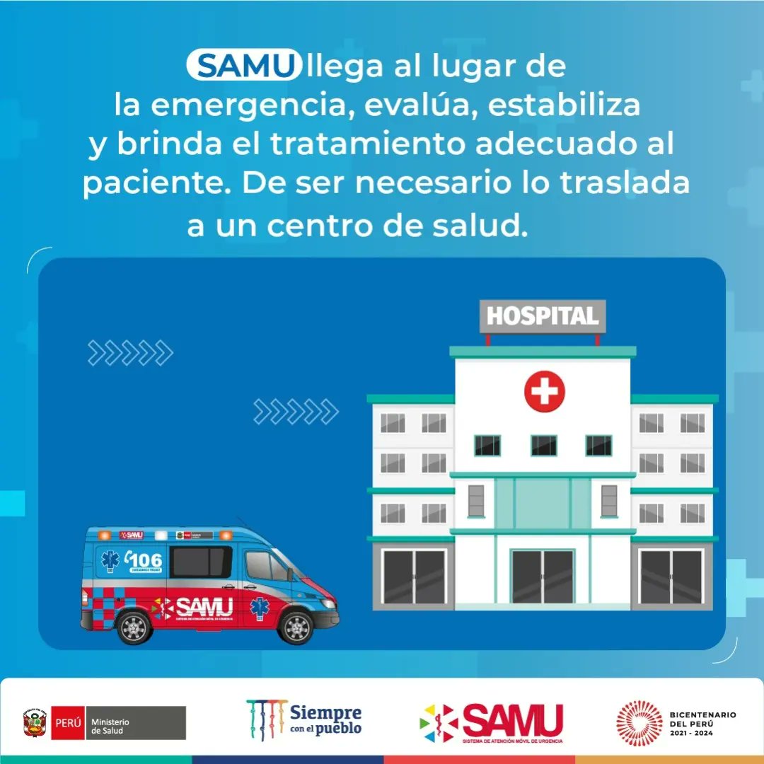 SamuPeruMinsa's tweet photo. #SAMUInforma | Te contamos como funciona el #SAMU en la atención de emergencias prioridad I y II.
¡Ya sabes! si tienes una urgencia o emergencia comunícate con nosotros a la línea 106.
Conoce más de nuestros servicios en 👉Samu Perú https://t.co/dLyBWuoqjY
