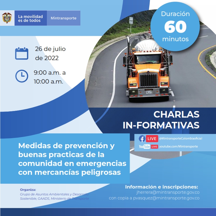 MinTransporteCo's tweet photo. #Prográmate a las ‘Charlas In-Formativas’ sobre: Medidas de prevención y buenas prácticas de la comunidad en emergencias con mercancías peligrosas, del Grupo de Asuntos Ambientales y Desarrollo Sostenible - #GAADS, del #MinTransporte.
Inscríbete en➡️Jherrera@mintransporte.gov.co https://t.co/ctYwkuqDbM