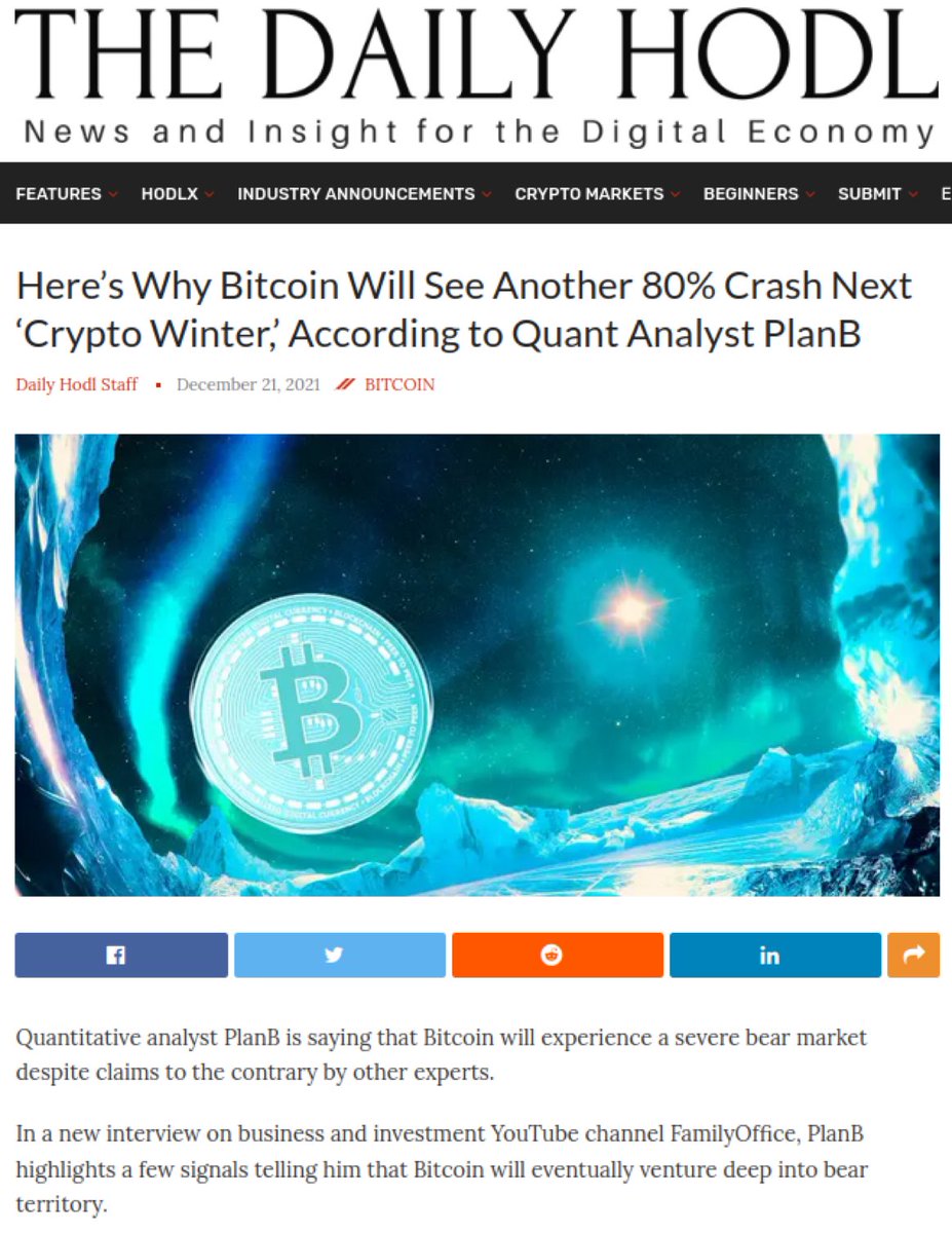 Yes I missed the $800k top, thanks to China mining ban, inflation and war (which are obviously not variables in my simple S2F mode)l.
But I did warn of a crash comparable to 2014 and 2018 after the top. You can find the Dec 2021 familyoffice interview on planbtc.com