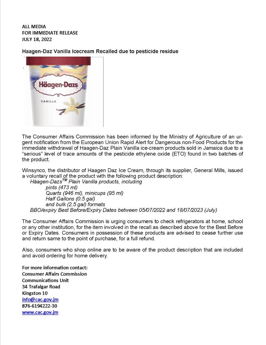 AffairsJamaica's tweet photo. CONSUMER ALERT!!
CAC receives EU-RASFF Recall Notification for Haagen Daz Vanilla Ice Cream https://t.co/EgOyj3sa9L