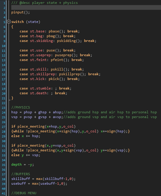 spleen_'s tweet photo. Today in #Comatour I finished implementing the player's full base move-set.
I also did some polishing on the movement/skidding system yesterday, making the player a bit faster and eliminating jank.
No gameplay to show, so here's some code
#gamedev #indiedev #indiegame #roguelike https://t.co/dSJIbSinek