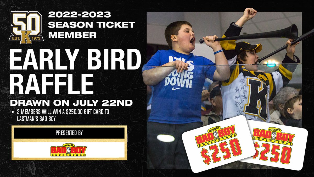 Become a My Frontenacs Season Ticket Member before July 22nd and you'll be entered into our next Early Bird Raffle draw.

Two lucky members will win a $250 gift card to <a href="/LastmansBadBoy/">Lastman's Bad Boy</a>!

More details at myfrontenacs.com
