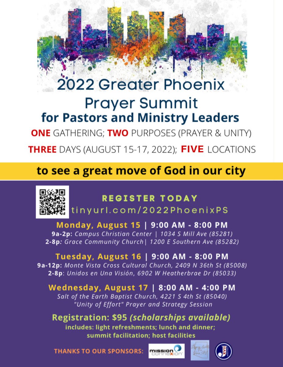 Join Us in Christian Community at the Greater Phoenix Prayer Summit August 15-17, 2022! #LinkInBio Bi-Vocational Pastors Register Free by Choosing "Bivocational" Registration Type at Sign Up!- mailchi.mp/0f84d56c3f9c/j…