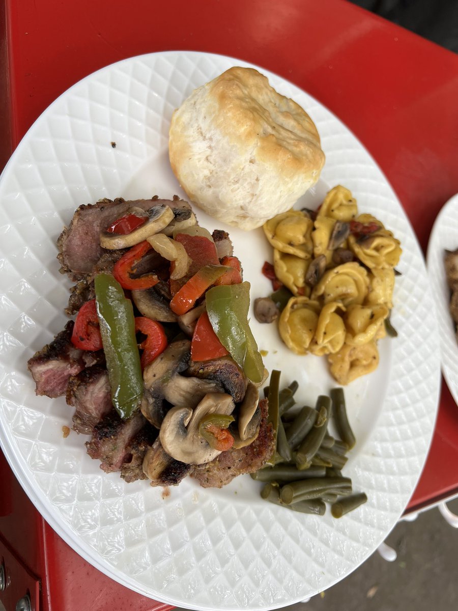Supper for the family tonight, fried tortellini, steak (cold smoked for 30 minutes and seared until done), fresh garden beans, sautéed mushrooms/peppers/onions, with fresh home baked biscuits. #twittersupperclub