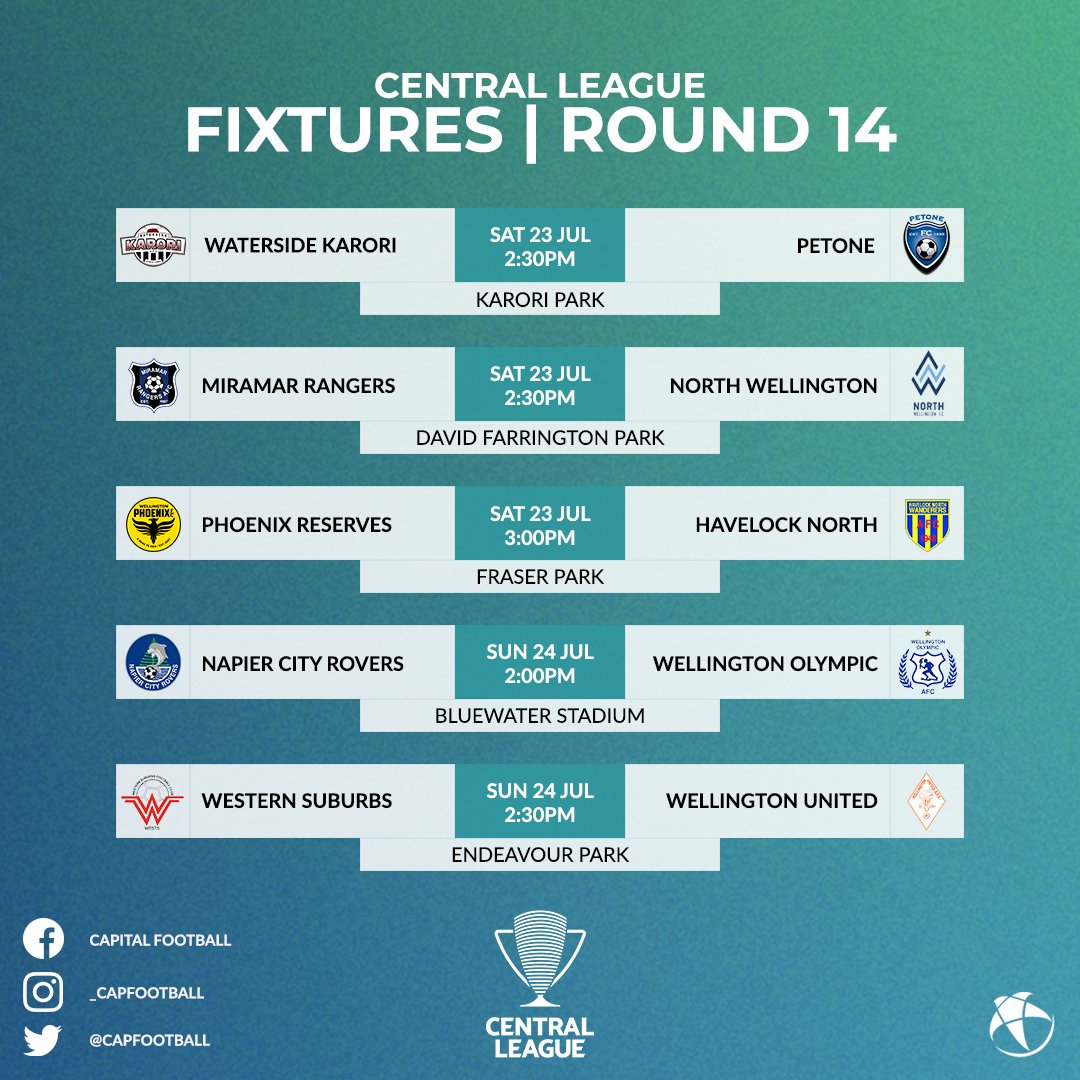 CapFootball's tweet photo. Central League | ROUND 14 #Fixtures ⚽️

#NZNationalLeague https://t.co/B5ahVRZS0o