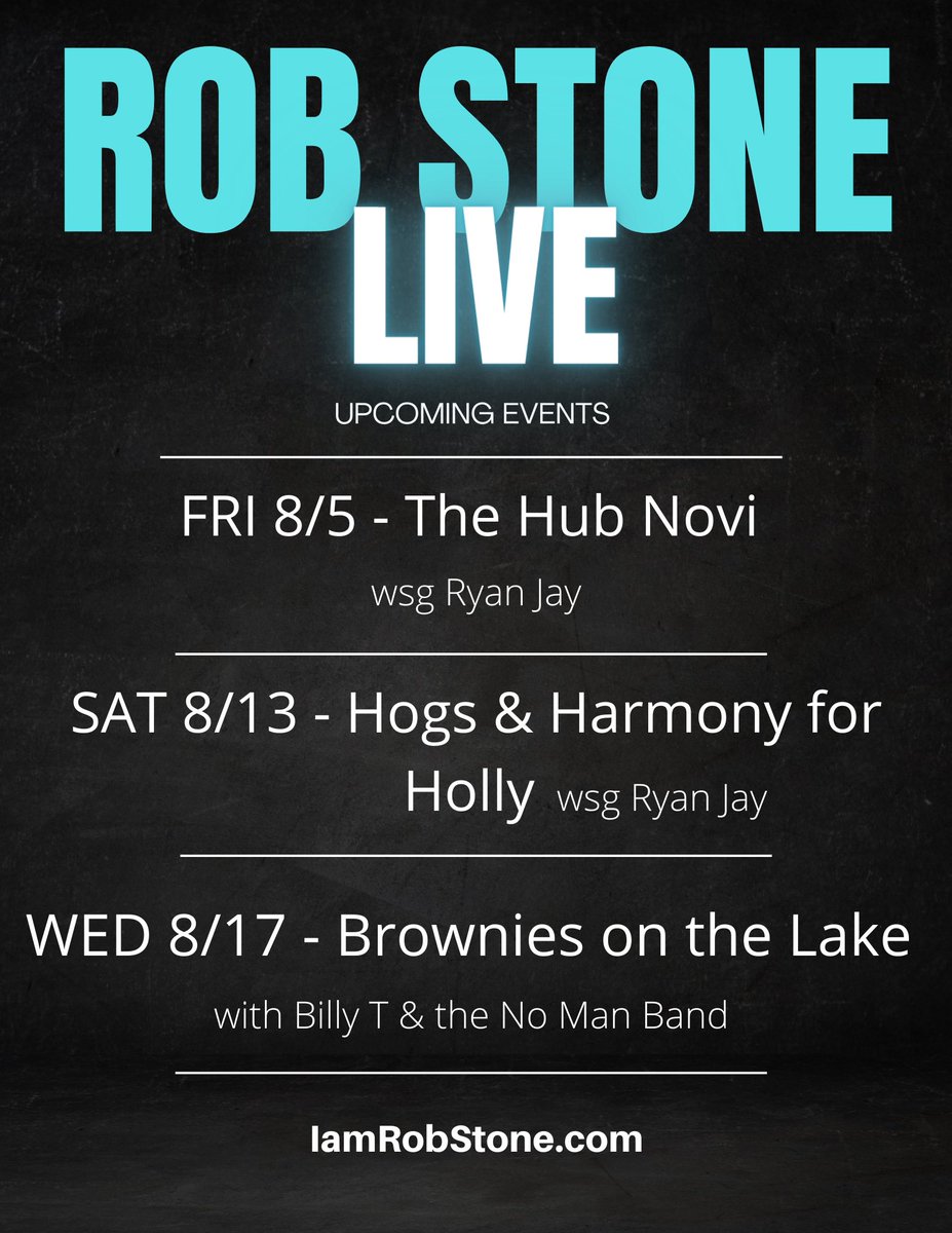 We have some awesome shows lined up in August! Hope to see you out in Novi, Holly and St. Clair Shores soon! 

First, we’ll be crashin’ campfires at @fasterhorsesfestival this weekend! 

<a href="/hubstadiumnovi/">HUB Stadium Novi</a> @browniesonthelake <a href="/ryanjaycountry/">Ryan Jay</a> #robstone #ryanjay #fasterhorses2022