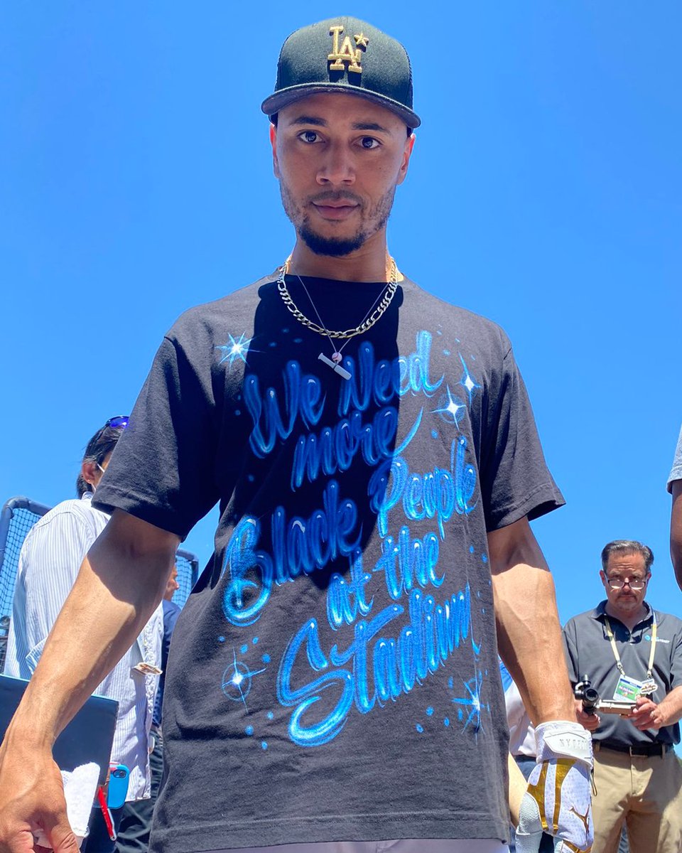 Ahead of the 2022 MLB #AllStarGame, Mookie Betts wore a shirt that read:

"We Need More Black People at the Stadium"

[📸: <a href="/jorgecastillo/">Jorge Castillo</a> x <a href="/mookiebetts/">Mookie Betts</a>]