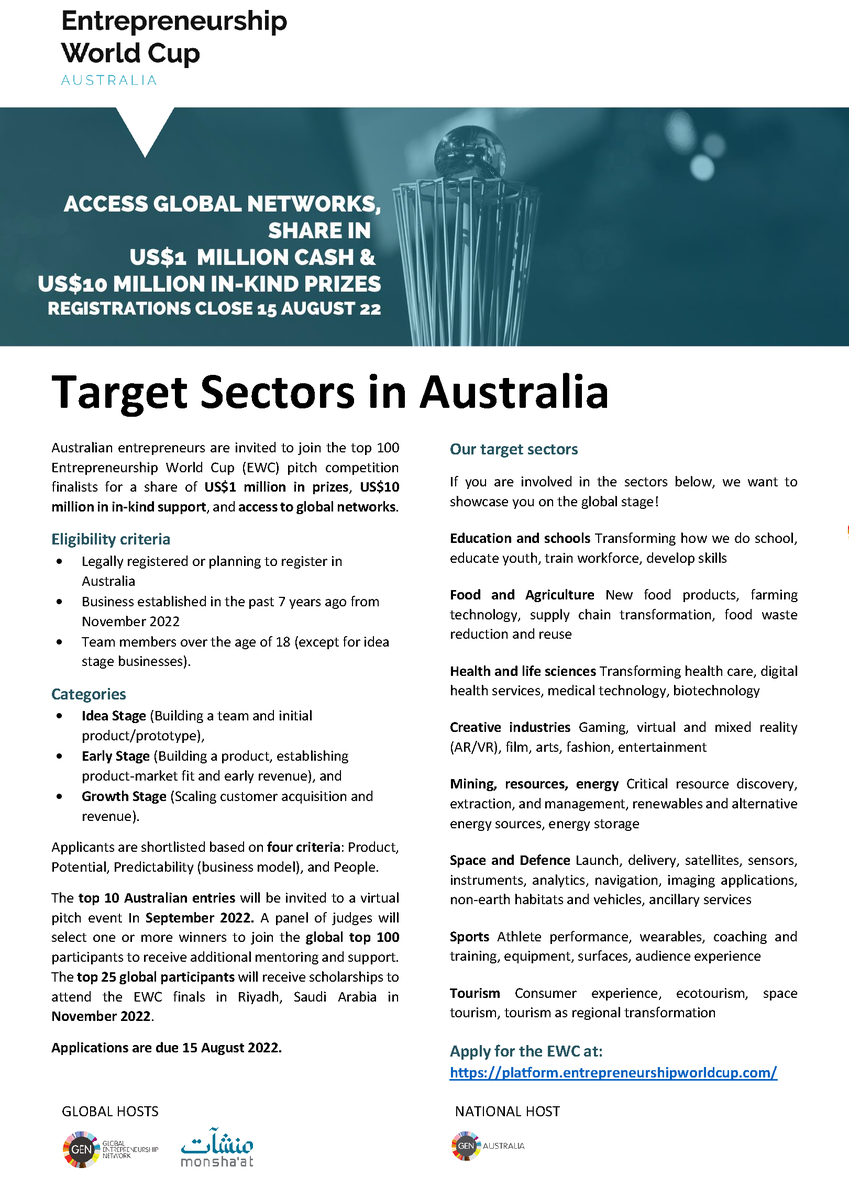 Entrepreneurship World Cup Australia is focused on key sectors including:

Education &amp; schools
Food &amp; Agriculture
Health &amp; life sciences
Creative industries
Mining, resources, energy
Space &amp; Defence
Sports
Tourism

Know anyone? Please share and apply at: genglobal.org/ewc/