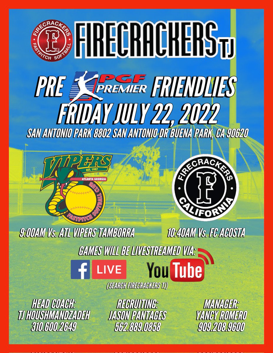 MPalazuelos2023's tweet photo. My #FirecrackersTJ squad will be playing Pre @PGFnetwork Friendlies on Friday 7/22 Vs. @ATLVipers05 &amp; @FirecrackersHWD in Buena Park. @Los_Stuff @BBOS_Nation @ExtraInningSB @StriveSoftball @SBRRetweets @BoostSoftball @TopPreps @CoastRecruits @IHartFastpitch @SoftballConnect #FCTJ https://t.co/K1YsYtkwTR
