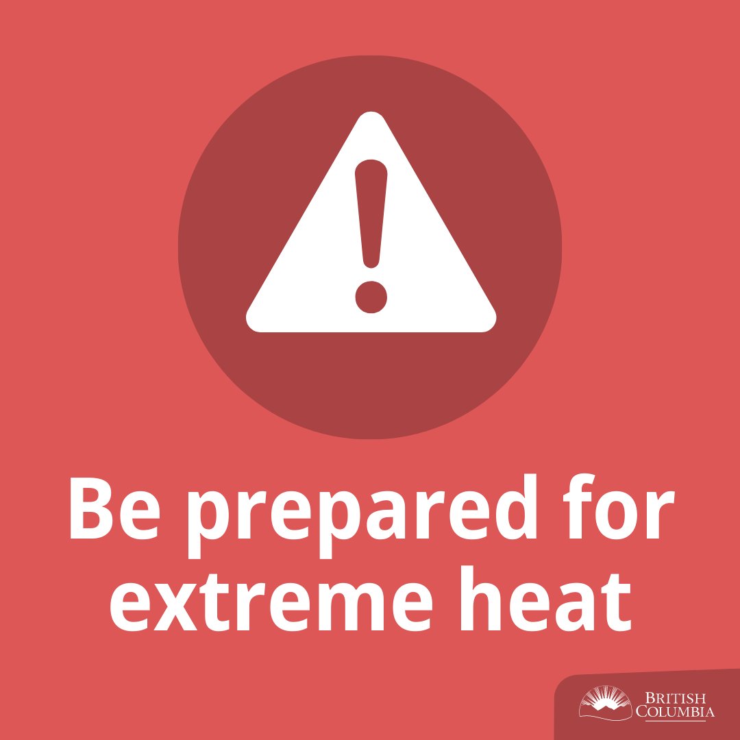 Temperatures throughout BC are on the rise, with heat warnings possible in some areas. Follow @ECCCWeatherBC forecasts and warnings. Take steps to prepare for the possibility of extreme heat: gov.bc.ca/ExtremeHeat #BCHeat