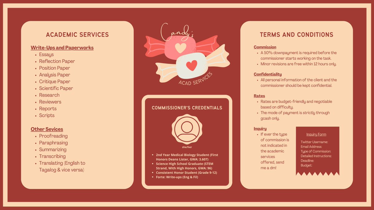 hi everyone! i'm candy, your friendly commissioner ready to help you with school works! open for rush and non-rush acad commissions :) 

🏷️ client, essay, research, review, paper, pagawa, case study, report, script, reviewer

dm for more inquires 😊💗 

#commstwt